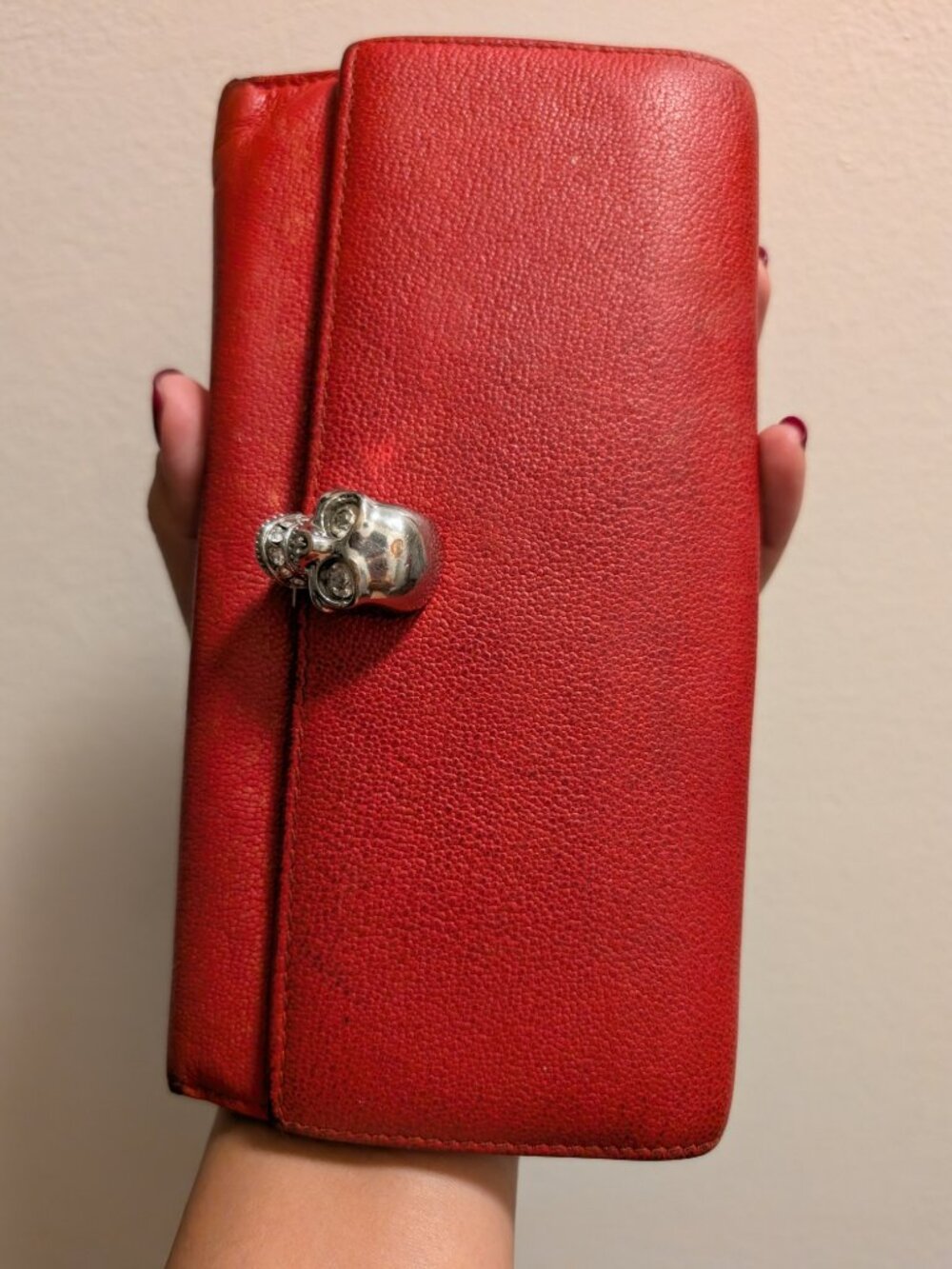 Alexander McQueen Red Grained Leather Skull Continental Flap Wallet